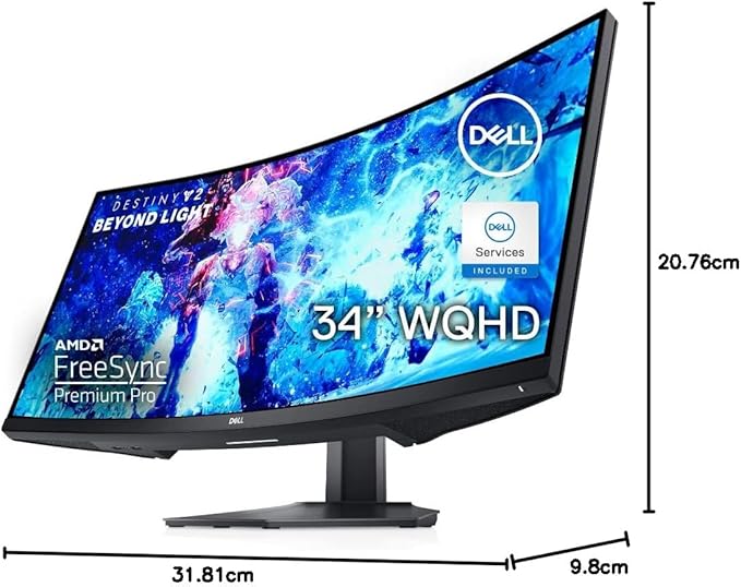Dell S3422DWG Curved Gaming Monitor - 34 Inch 1800R Curved Screen with 144Hz Refresh Rate, WQHD (3440 x 1440) Display, HDMI, DP to DP 1.4 Cable, AMD FreeSync - Black