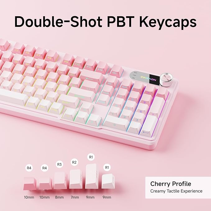 V102 Wired Keyboard, 98 Keys Creamy Gaming Keyboard with Number Pad, Display Screen & Media Knob RGB Silent Wired Cute Computer Keyboard for Laptop PC Gamer - Gradient Pink