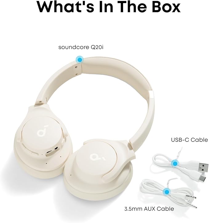 Soundcore by Anker Q20i Hybrid Active Noise Cancelling Headphones, Wireless Over-Ear Bluetooth, 40H Long ANC Playtime, Hi-Res Audio, Big Bass, Customize via an App, Transparency Mode (White)