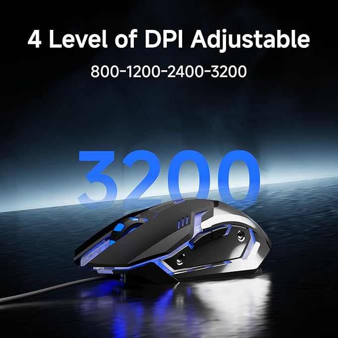 EWEADN G3 Wired Gaming Mouse, 2400 DPI Wired Optical Mouse with 6 Programmable Macro Buttons, Metal Base, 4-Color Breathing Light for PC/Laptop/Windows-Black