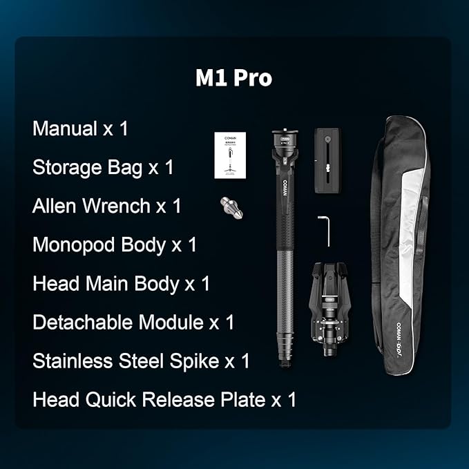 COMAN One-Click Lifting Carbon Fiber Monopod, M1 Pro Camera Monopod with Feet, 65'' Lightweight Travel Tripod with Quick Release Foot Lock for Camera, DSLR, Camcorder, Max Load 44lbs / 20kg