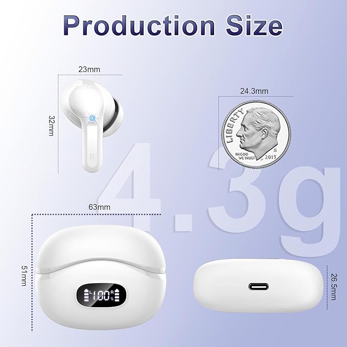 i63 Wireless Earbuds, Bluetooth 5.3 with ENC Noise Cancelling Mics, 40H Playtime, IP7 Waterproof, Touch Control, LED Display, In Ear Headphones, White