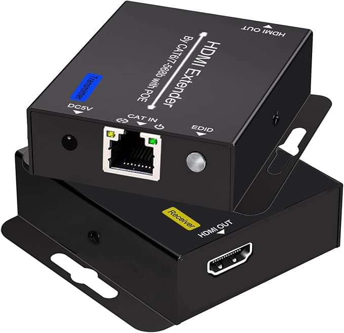 200Ft HDMI Extender Over CAT6 CAT7 RJ45 ethernet to HDMI Converter LAN Extension POC Support 1080P 3D EDID Copy Deep Color Compatible with PC PS4 Roku Unilateral Power Supply