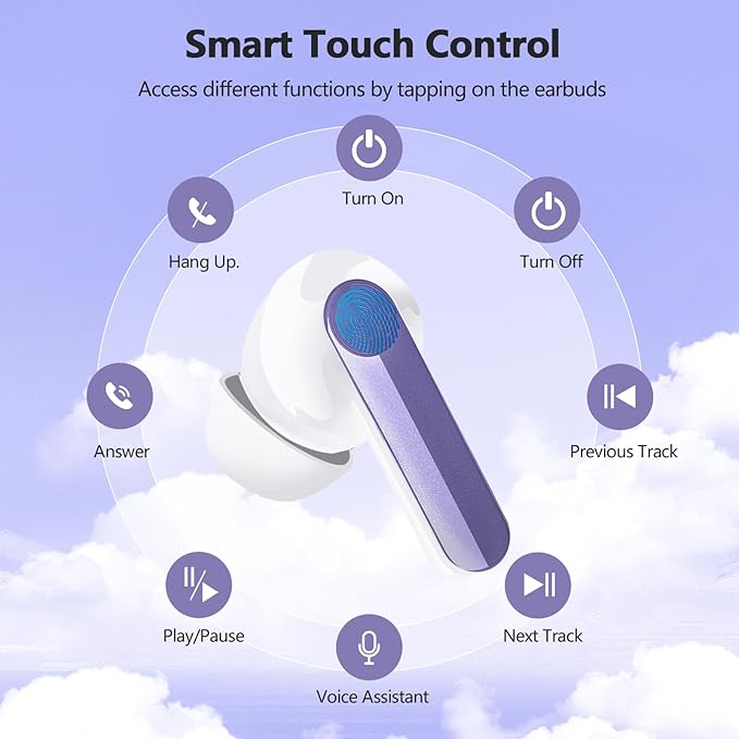 Wireless Earbuds 2025 NEW Bluetooth 5.4 Headphones Bass 3D Stereo, In-Ear Earphones with 4 ENC Noise Cancelling Mic, 48H Playtime with LED Display, IPX7 Waterproof for Laptop Android iOS, Light Purple