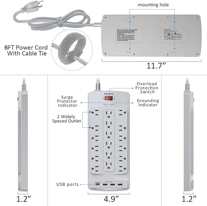 18 Outlets Surge Protector Power Strip - 6 Feet Flat Plug Heavy Duty Extension Cord with 18 Widely Outlets and 4 USB Ports, 2100 Joules, Grey, ETL Listed