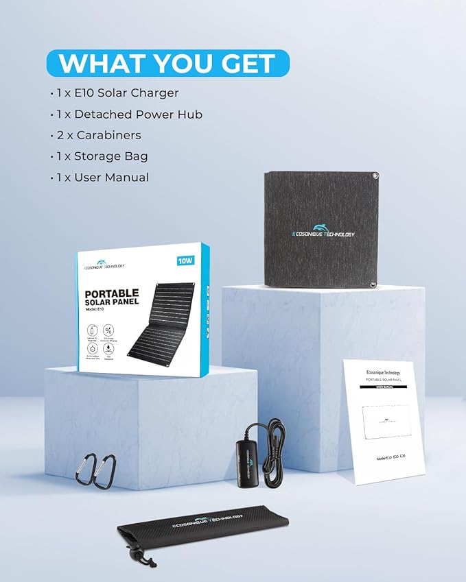 Ecosonique 10W/15W/30W/60W Portable Solar Panel Charger, IP67 Waterproof ETFE USB Solar Phone Charger with Detachable Power Hub, 2025 Latest Version Compatible with iPhone, Power Bank, Smartwatch