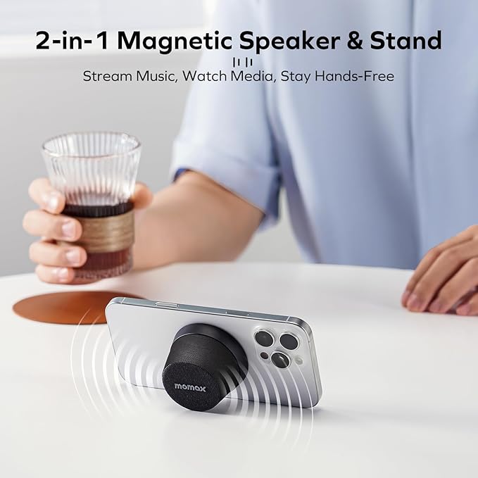 MOMAX Magnetic Portable Bluetooth Speaker - Mini Waterproof Shower Speaker with Bass, 12H Playtime, Outdoor Speaker True Wireless Stereo Pairing for Golf, Beach, Home, Travel, Gift Ideas