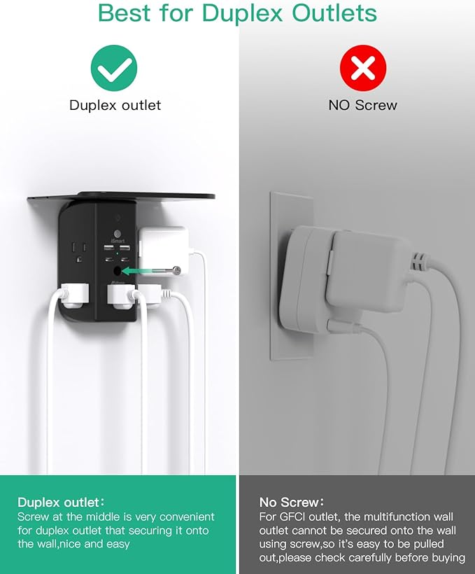 Wall Outlet Extender with Shelf and Night Light, Surge Protector, USB Wall Charger with 5 AC Outlets and 2 USB A Ports 2 USB C Ports Wide Space 3-Sided Power Strip Multi Plug Outlets, Black