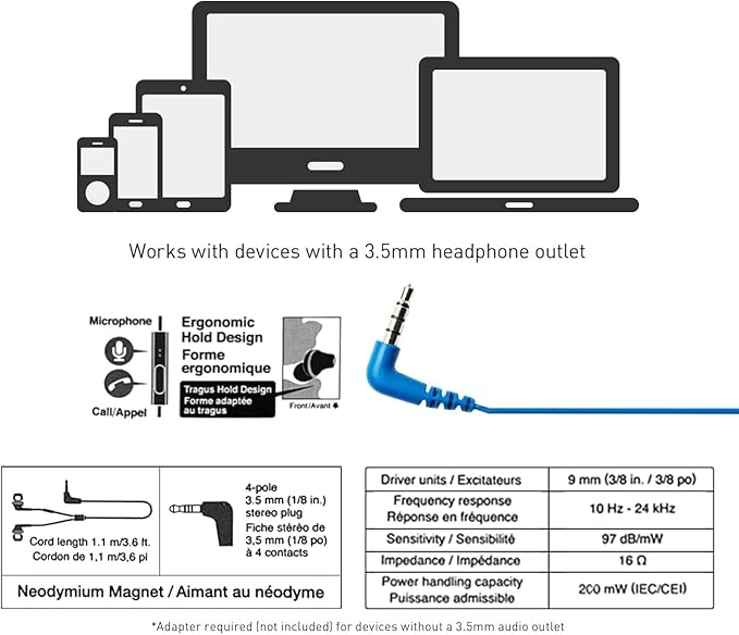 Panasonic ErgoFit Wired Earbuds with Microphone, 3.5mm Jack Headphones with Mic and Call Controller, Ergonomic Custom-Fit Earpieces (S/M/L), for Phones and Laptops - RP-TCM125-AA (Metallic Blue)