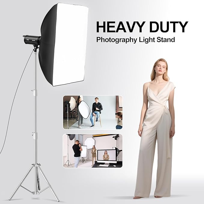 BEIYANG 9.45Ft Stainless Steel Photography Light Stand, Heavy Duty Tripod with with 1/4" to 3/8" Screw Adapter for Strobe Lights, LED Video Lights, Ring Lights, Monolights, Softboxes