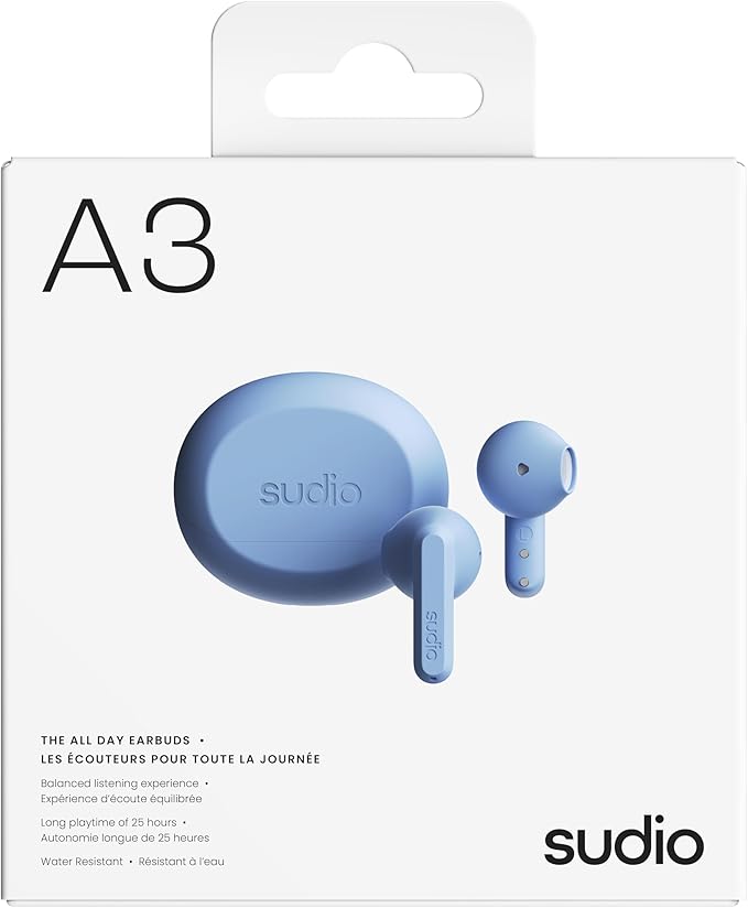 Sudio A3 All-Day Wireless Earbuds – 25H Playtime, Bluetooth 5.4, Sweat & Splashproof, Balanced Sound, Clear Calls with Enhanced Mics, USB-C Charging, Made from Recycled Plastics (Blue)