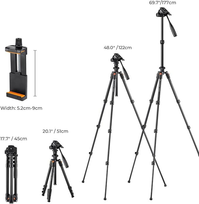 K&F Concept 70" Video Tripod,Lightweight Travel Tripod with 3-Way Swivel Pan Tilt Head Load 6.6 lbs, Phone Holder Smartphone Clip Quick Release Plate, for Phone DSLR Camera O234A0+BV02
