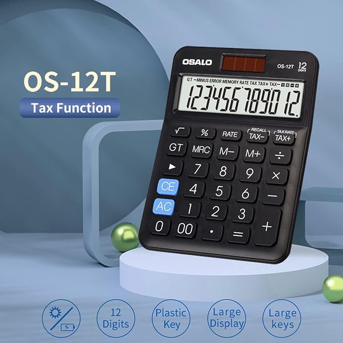 Pocket Small Size Desk Calculator, 12 Digit Large LCD Display, Basic Tax Function Handheld Desktop Calculator with Solar Battery Dual Power, Perfect for Office, School, Business OS-12T (Black)