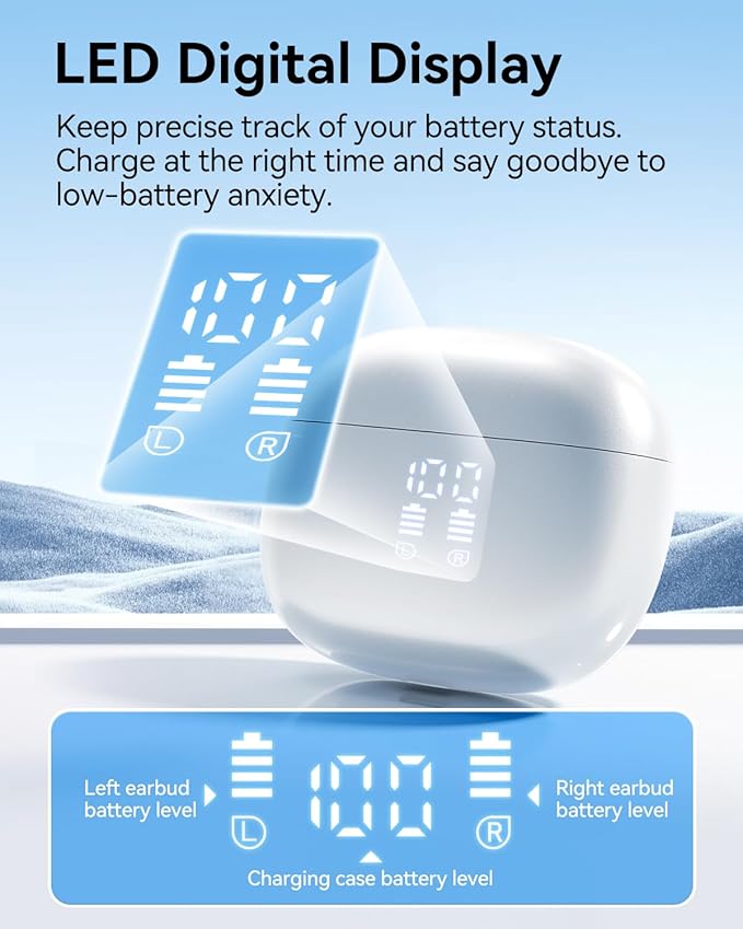 Wireless Earbuds, Bluetooth 5.3 Ear Buds, Headphones with Clear Stereo Sound, 40H Playtime with LED Digital Display, IPX7 Waterproof Earphones Built-in Mic for Phone Tablet Sports Workout