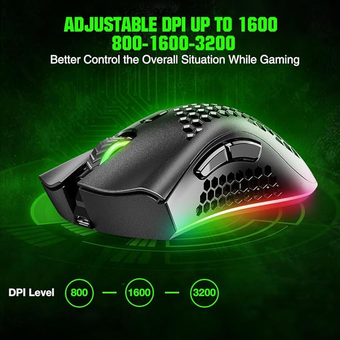KM-1 Gaming Mouse, Wireless Mouse Gaming Computer Mice USB with Honeycomb Shell, 6 Programmed Buttons, 3 Adjustable DPI, Ergonomic RGB Optical Mouse for PC Mac Laptop