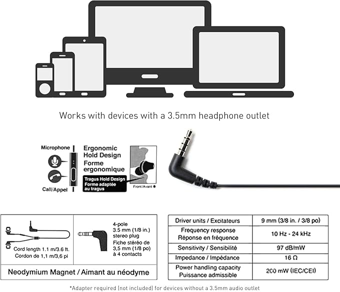 Panasonic ErgoFit Wired Earbuds With Microphone, 3.5mm Jack Wired Headphones with Mic and Call Controller, Ergonomic Custom-Fit Earpieces (S/M/L), for Phones and Laptops - RP-TCM125-KA (Matte Black)