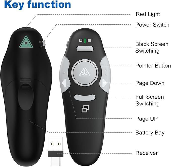 QUI Presentation Clicker Wireless Presenter Remote Clicker for PowerPoint Presentation Remote, PowerPoint Slide Advancer for Mac/Windows/Linux, Google Slide/PPT/Keynote, Type-c, Black