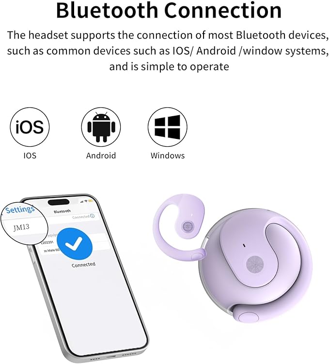 Open Ear Headphones Wireless Bluetooth 5.4, OWS Hanging Earphones Wireless Earbuds with Earhooks and Mic, IPX5 Waterproof, 48H Range, Out of Ear Earbuds for Sports Running Workout Driving(Purple)