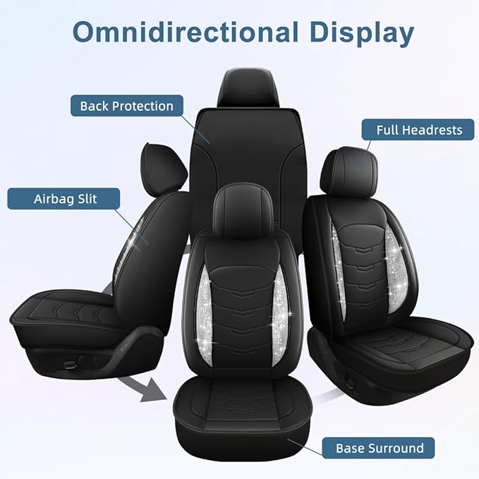 Bling Diamond Car Seat Covers Fit for Lexus ES 300H/350 2007-2025:Full Set Luxury Leather Seat Cushion Waterproof Automotive Seat Protectors (Black,5 Seats)