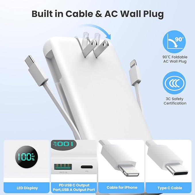 Portable Charger 33800mAh USB C Power Bank with Built-in Cables & AC Wall Plug,25W Fast Charging+QC 4.0 Phone Charger,4 Output LCD Display Battery Pack Compatible with iPhone16/15,Samsung,Android etc
