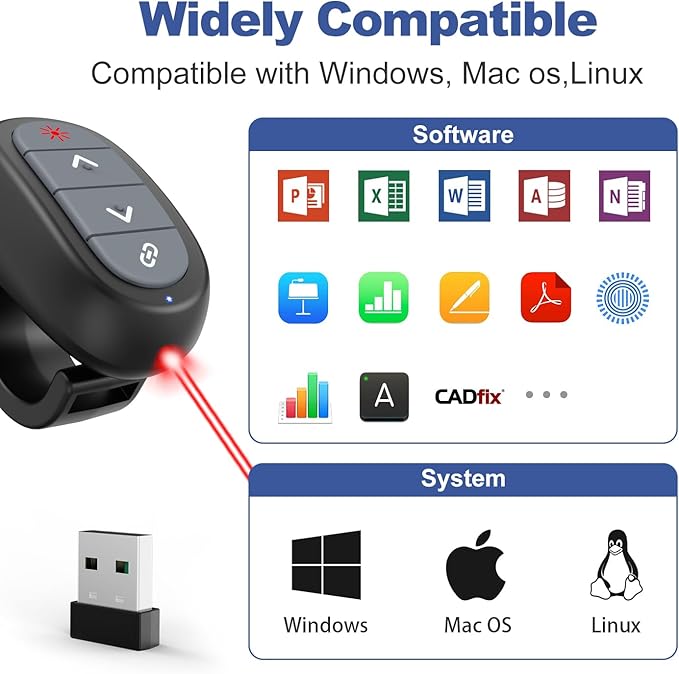Presentation Clicker PowerPoint Wireless Presenter Remote: Laser Pointer Computer Clickers, Hyperlink Finger Ring Project Power Point PPT Clicker for Mac Laptop Office, Slideshow Google Slide Advancer