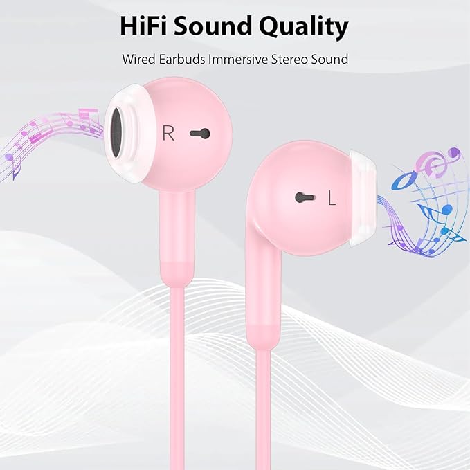 USB C Earbuds USB Type-C Headphones for iPad 10th Generation iPhone 17 Air 16 15 Pro Max Samsung S21 Wired Headphone Earphones with Microphone Volume Control Noise Isolating HiFi Stereo Headset Pink
