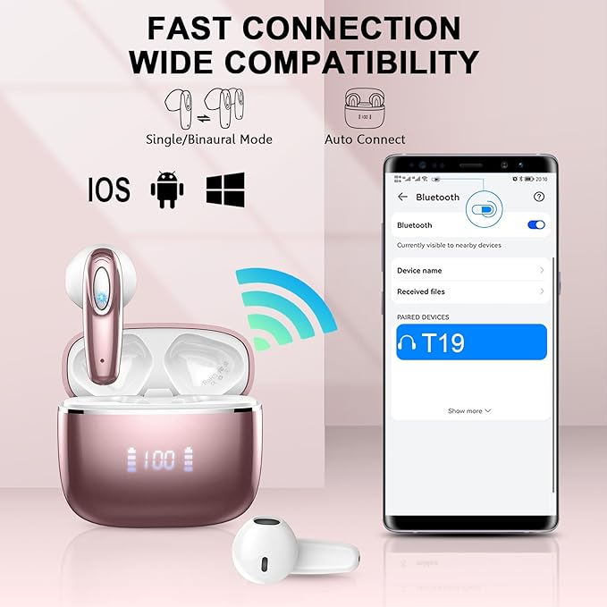 Wireless Earbud, Bluetooth Headphones 5.3 Built in 4 ENC Mic, Stereo Bass Wireless Earphones, 40H Bluetooth Earbud in-Ear LED Display, USB-C, IP7 Waterproof Sports Ear Buds for Android iOS, Rose Gold