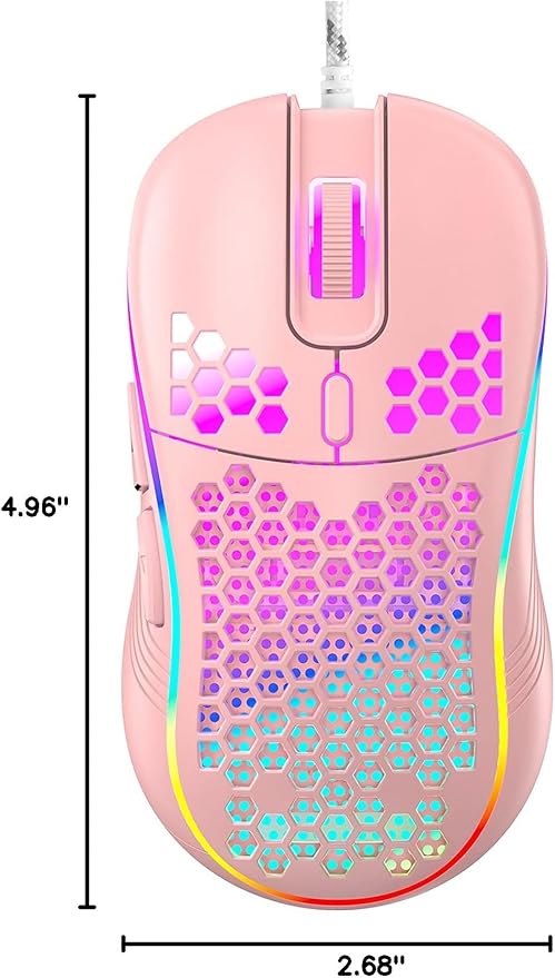 Honeycomb Wired Gaming Mouse with RGB On/Off Switch, 7200 Adjustable DPI, Ergonomic Lightweight Design & High Precision Sensor for PC/Mac Gamers (Pink)