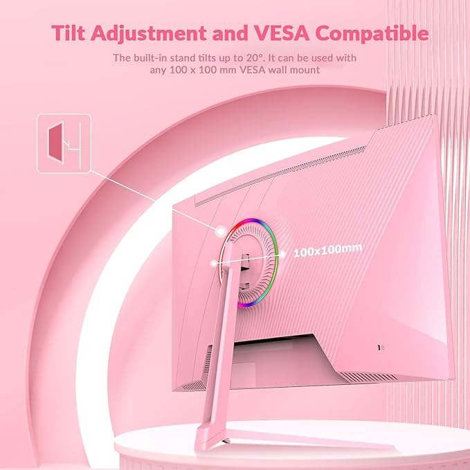 27-Inch Curved Gaming Monitor - 100Hz, FHD (1920x1080), 1ms Response, 1500R VA Panel, AMD FreeSync, Low Blue Light & Flicker-Free, Eye Care, HDMI/DP, VESA 75x75mm - Pink
