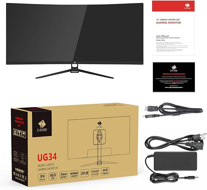 Z-Edge 34" Curved Gaming Monitor, WQHD 1440P 165Hz 144Hz PC Monitor, MPRT 1ms, 21:9 Aspect Ratio, 1500R, 16.7M Colors, 3000:1 Contrast, UG34 Frameless Bezel, 2X DP 1.4 Ports and 2X HDMI 2.0 Port