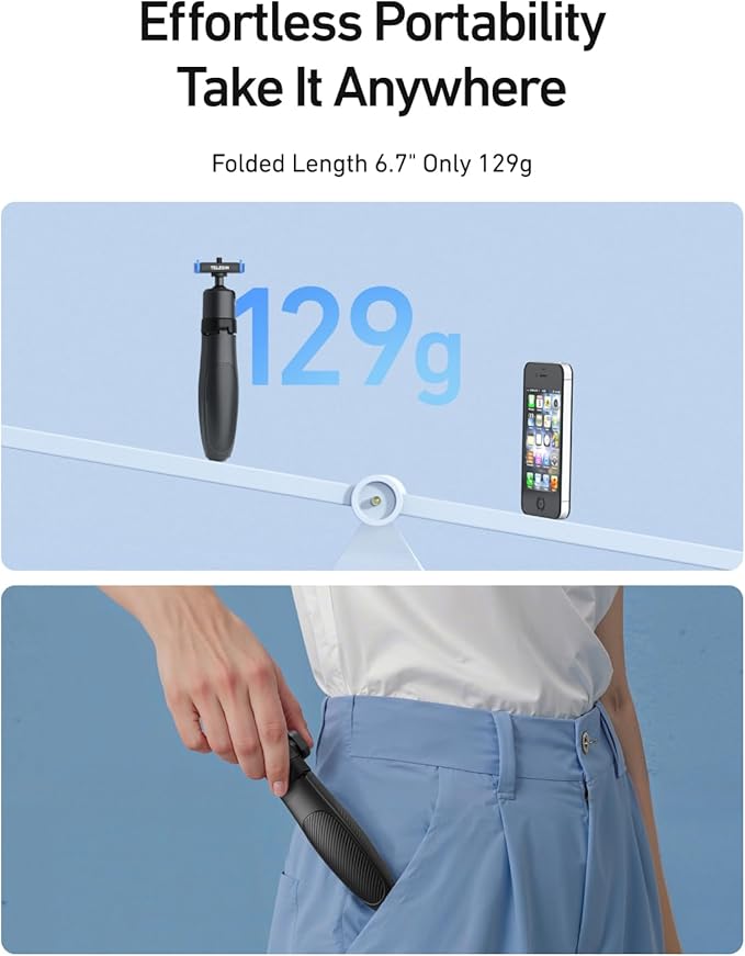 TELESIN 40cm/15.7'' Mini Selfie Stick Tripod Compatible with Gopro 13 Action Camera, Magnetic Quick Release Selfie Handle Grip,360° Adjustable Portable Extension Monopod for Shooting Video Accessories