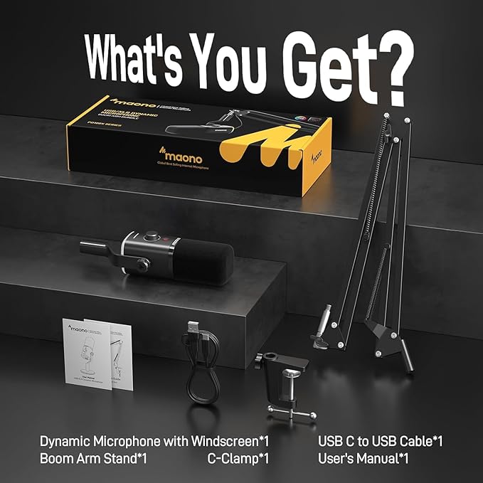 MAONO XLR/USB Gaming Microphone Kit: Dynamic PC Mic for Streaming Podcasting, Software Support, Mute Button, Gain Control, RGB Computer Mic with Boom Arm Stand, for Recording, PS4/PS5, PD100XS Black