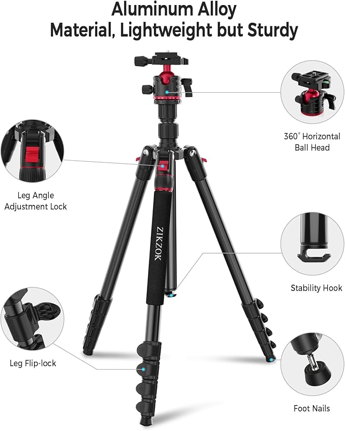 Camera Tripod, Lightweight Travel Outdoor DSLR Tripods Aluminum Tripod/Monopod, 360°Ball Head Detachable, Tripod for iPhone, ipad, DSLR,Tablet with Carry Bag