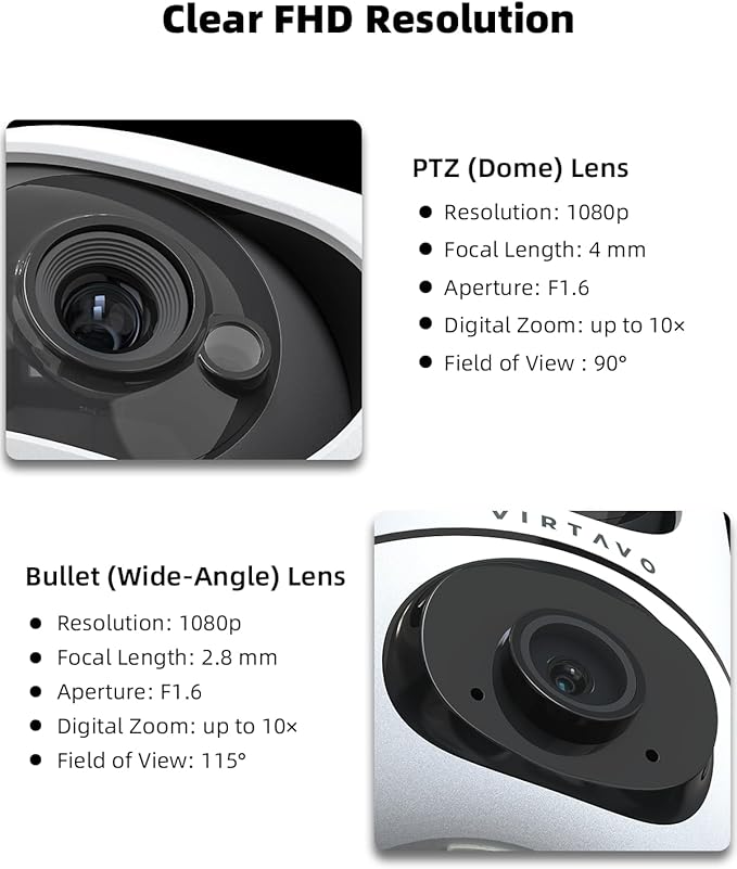 virtavo XD1 Indoor Security WiFi Camera, No Subscription Required, Dual-Lens 360° PTZ Baby Monitor & Pet Cam, Motion Tracking, 2-Way Audio, Night Vision, Cloud/SD Storage, Phone App, Plug-in Power