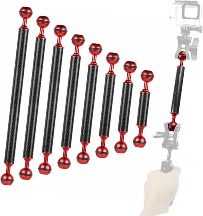 Carbon Fiber Underwater Float Arm, 1-inch Dual Ball Buoyancy Arm for Underwater Camera Tray, Video Light & Strobe for Scuba Diving Photography & Videography (Red, 6 inches)