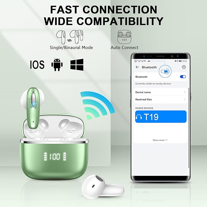 Wireless Earbud, Bluetooth Headphones 5.3 Built in 4 ENC Mic, Stereo Bass Wireless Earphones, 40H Bluetooth Earbud in-Ear Dual LED Display, USB-C, IP7 Waterproof Sports Ear Buds for Android iOS, Green