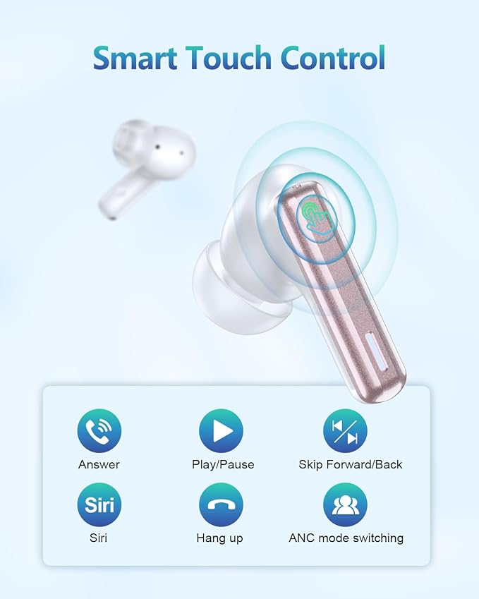 Wireless Earbuds Bluetooth 5.3 Headphones, Touch Control with ANC/ENC Noise Cancelling, 40H Playtime, IPX7 Waterproof, 14.2mm Deep Bass, 5 EQ Modes Compatible for iOS & Android (Pink)