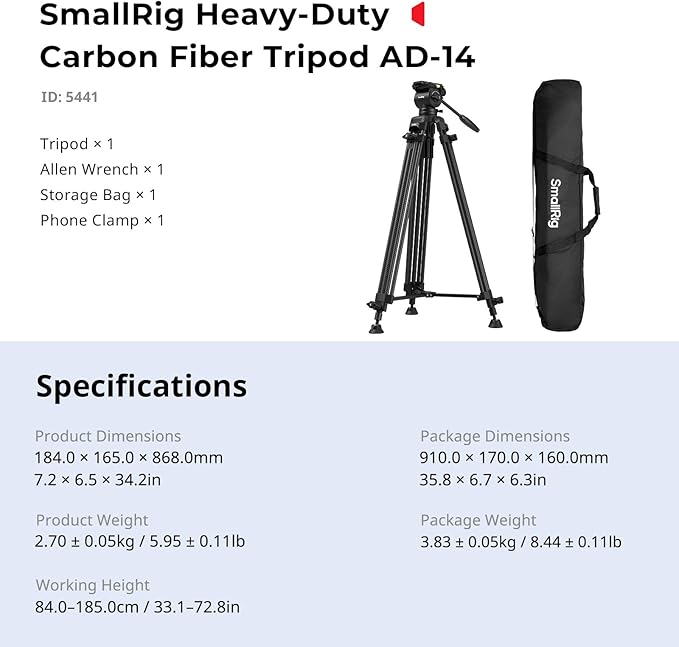 SMALLRIG 73''/185cm Carbon Fiber Heavy Duty Video Tripod, Max Load 10kg (22lbs), Fluid Head with +85° to -78 Tilt Range, Compact Travel Tripod Weight 2.7kg(6lbs), Folded Height 87cm, AD-14-5441