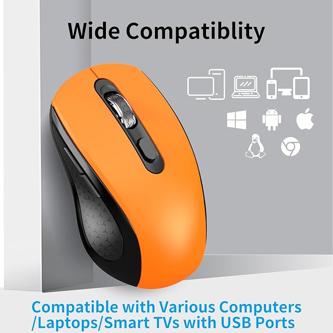 Wireless Mouse Ergonomic, Side Buttons Mouse, 2400 DPI, Silent and Anti Slip Roller Cordless Mice, 2.4Ghz with USB Receiver, 6 Buttons, Suitable for Laptop PC Chromebook and Windows 11/10/7 - Orange