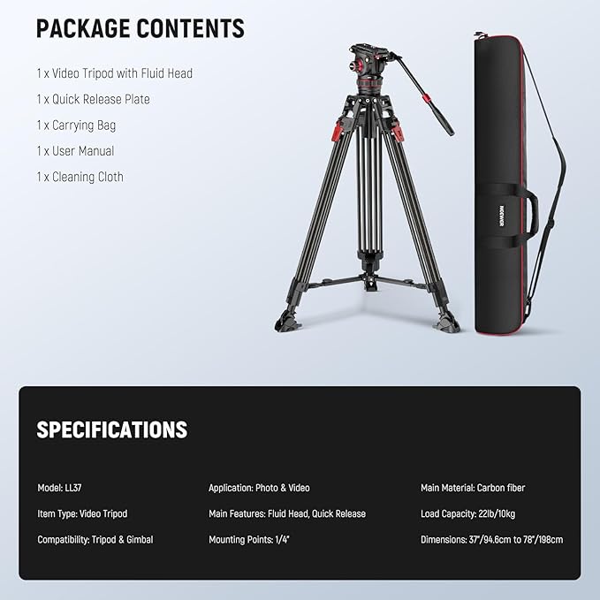 NEEWER 78" Video Camera Tripod Carbon Fiber with Damping Adjustable Fluid Head, One Step Quick Release, QR Plate/Handle/Cleaning Cloth, Heavy Duty Tripod Stand for DSLR Camcorders, Max Load 22lb, LL37