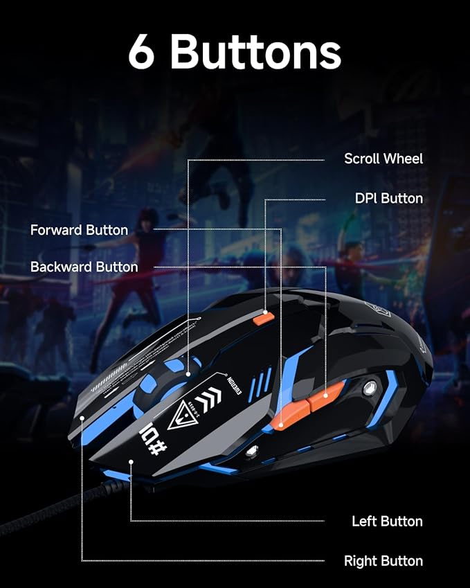 EWEADN G10 Wired Gaming Mouse, Computer Mouse with RGB Backlit, 3200 DPI Adjustable, Quiet Clicks, Ergonomic Mouses with 6 Buttons and 4.2FT Cord, USB Mouse for PC/Win/Laptop, Black