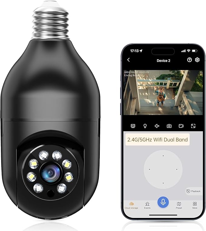 WESECUU Light Bulb Security Camera -5G& 2.4GHz WiFi 2K Security Cameras Wireless Outdoor Motion Detection and Alarm,Two-Way Talk,Color Night Vision,Human Detection, Bulb Camera Compatible with Alexa