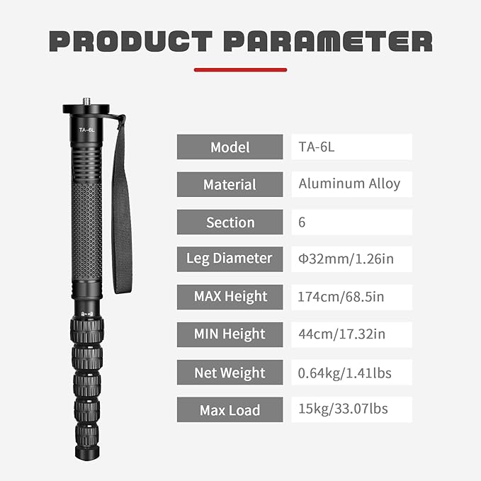 TONYBOO TA-6L 68.5 inch Camera Monopod,Aluminum Monopod with 6-Section Height Portable Lightweight,Max Load 33 lbs, Heavy Duty Camera Stand for DSLR Canon Nikon Sony, Easy to Carry