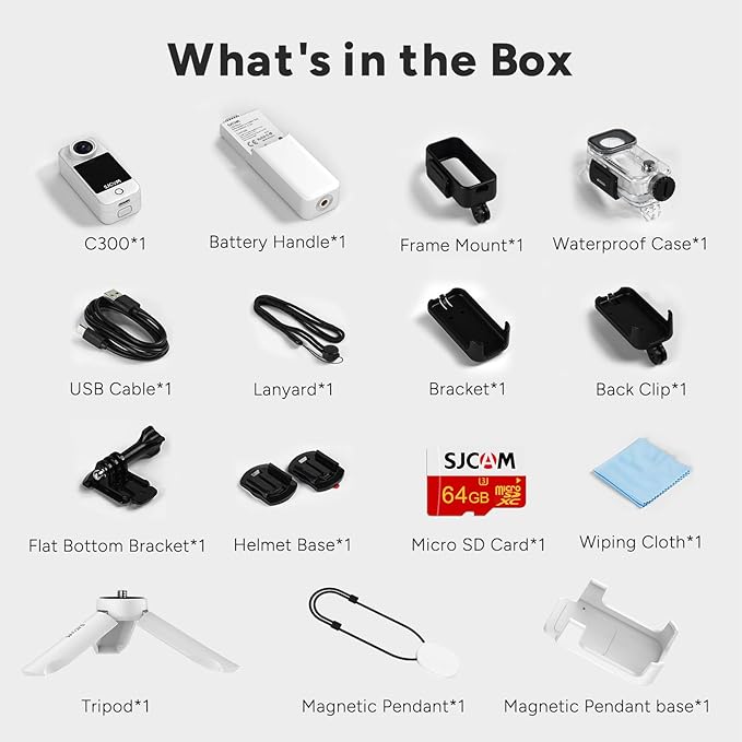 SJCAM C300 Vlogging Combo,4K Pocket Action Camera,7H Power,6-Axis Stabilization,Dual-Touch Screen 154° Wide FOV Video Body Cam for Travel,Sport,Waterproof,Live Streaming,Magnetic Werable,64G Card