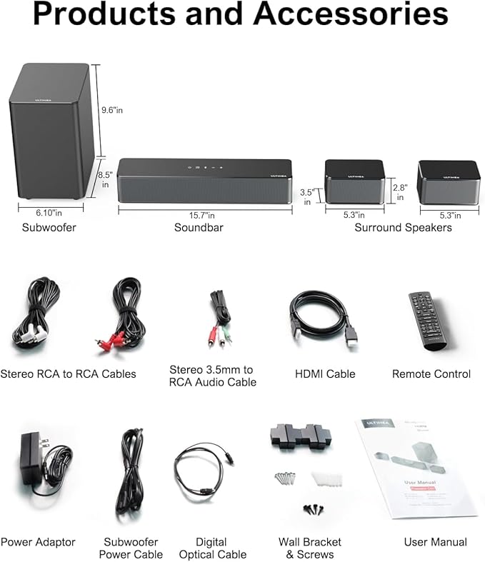 ULTIMEA 5.1 Sound Bar for Smart TV, Virtual Surround Sound System for TV, 320W Peak Power, Adjustable Surround Speakers and Subwoofer, APP Control, Home Theater Soundbar Poseidon D50(2025 New Model)