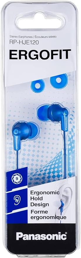 Panasonic ErgoFit Wired Earbuds, 3.5mm Jack in-Ear Headphones with Dynamic Crystal-Clear Sound and Soft Ergonomic Custom-Fit Earpieces (S/M/L), for Phones and Laptops - RP-HJE120-AA (Metallic Blue)