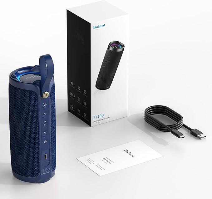 Bobtot Portable Bluetooth Speaker, IPX6 Waterproof Speaker with Punchy Bass, 15W Loud Sound, RGB, 15H Playtime, Dual Pairing for Party, Camping, Beach, Blue