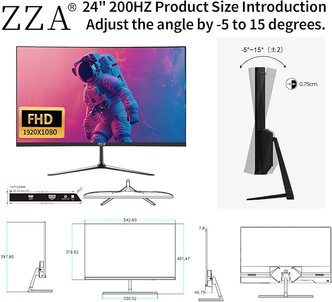 ZZA 24 Inch Gaming Monitor,200HZ|144HZ Computer Monitors,CP Screen FHD 1080P,Curved Monitor 99% sRGB,FreeSync,AMD FreeSync,Blue Light Filter,Gaming & Office,Wall Mountable