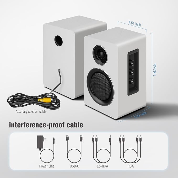 Computer Speakers for Desktop PC, Active Bookshelf Speaker with 3‘’ Carbon Fiber Woofer and Silk Film Tweeter ,Supports Bluetooth 5.3, USB-C, AUX/RCA Input for Record Player TV - White Stereo Set