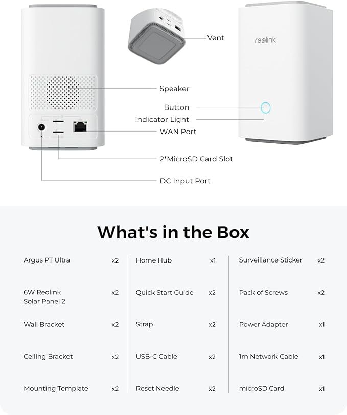 REOLINK 4K Solar Security Cameras Wireless Outdoor System, Color Night Vision, 360° Pan Tilt Auto-Tracking, 2.4/5 GHz Wi-Fi 6, Encrypted Local Storage, No Subscription, Home Hub with 2X Argus PT Ultra